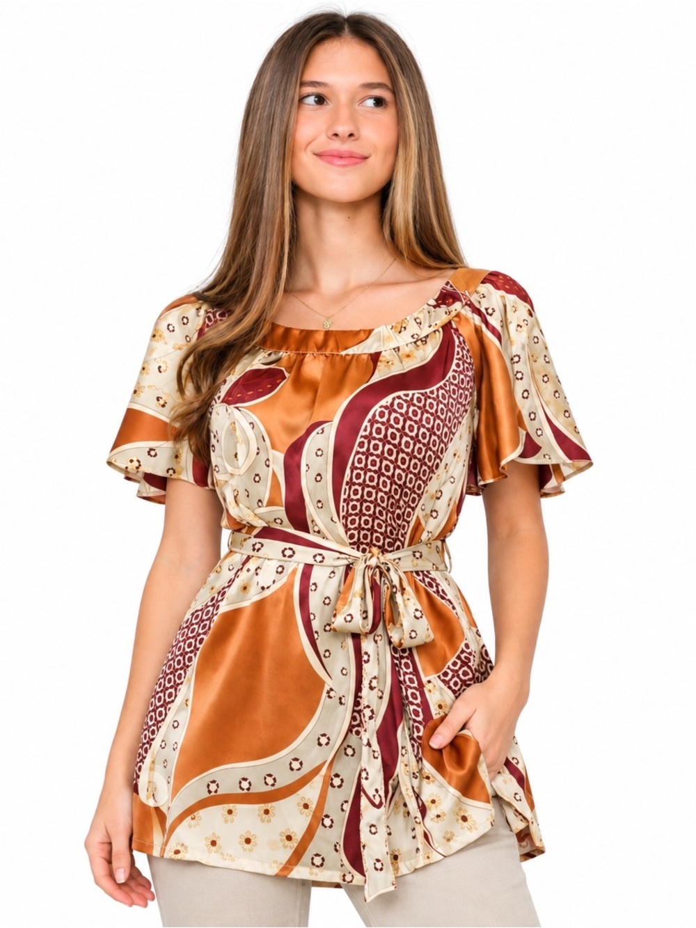 Boutique Satin Tunic Blouse | Belted Paisley Equestrian Print | Women's Small
